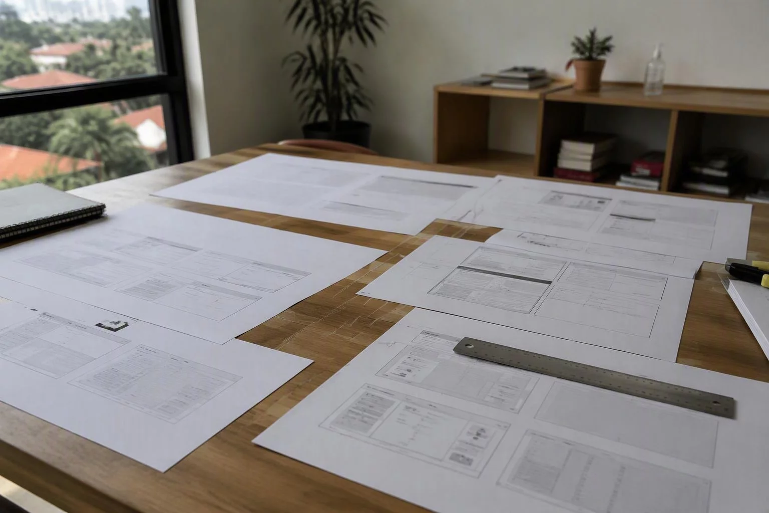 Folhas impressas com o mapa de telas do painel espalhadas sobre a mesa