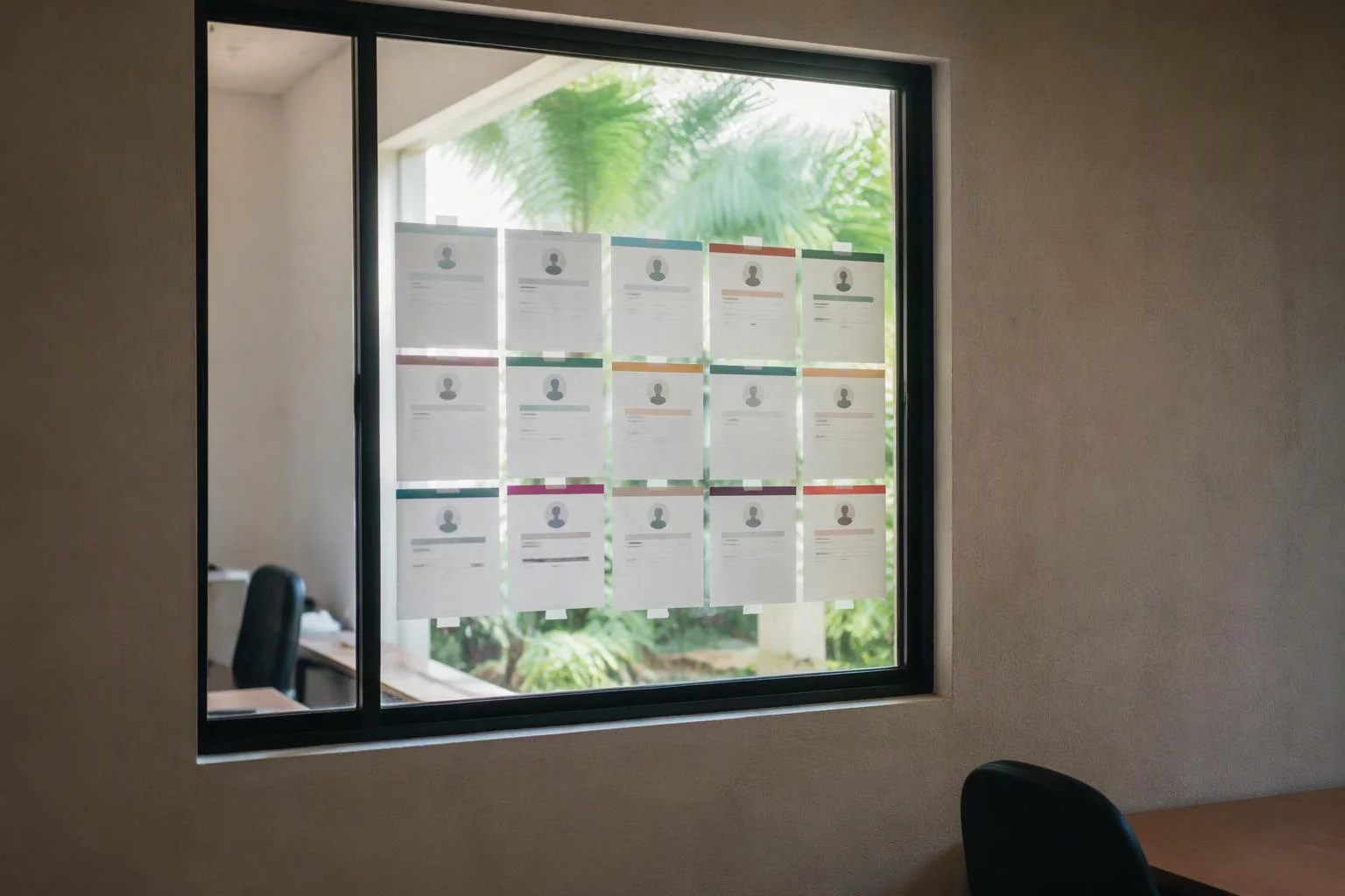 Janela de escritório com o quadro de papéis de acesso colado no vidro